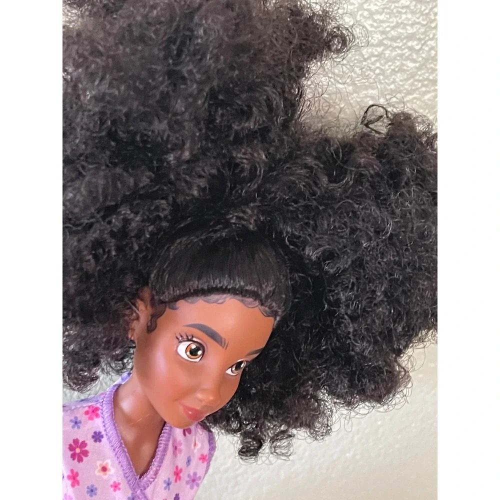 Disney Doll Black Curly Hair Brown Eyes Articulated Floral Top Purple Pants